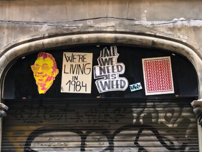 Steel curtain with five stickers pasted on it