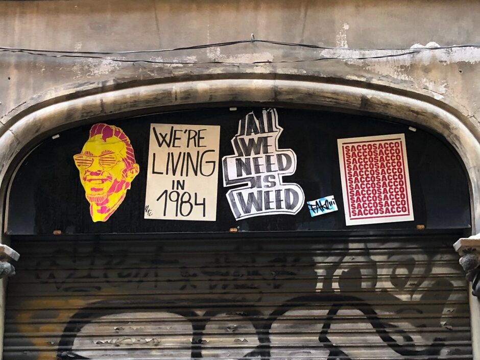 Steel curtain with five stickers pasted on it