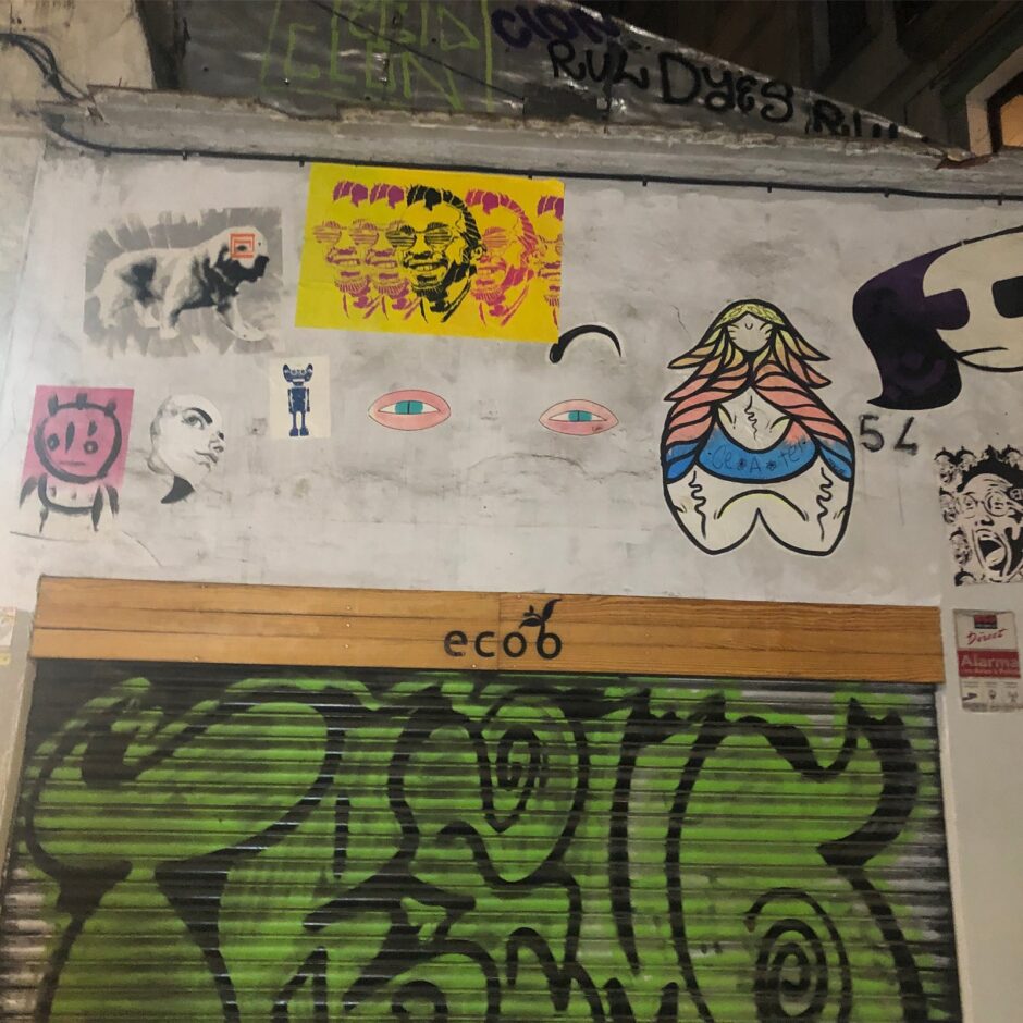 Random stickers over a steel curtain