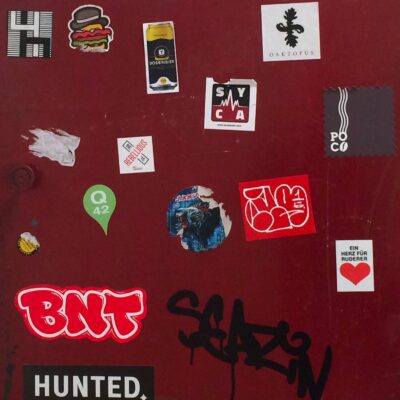 Mix of stickers on a red background