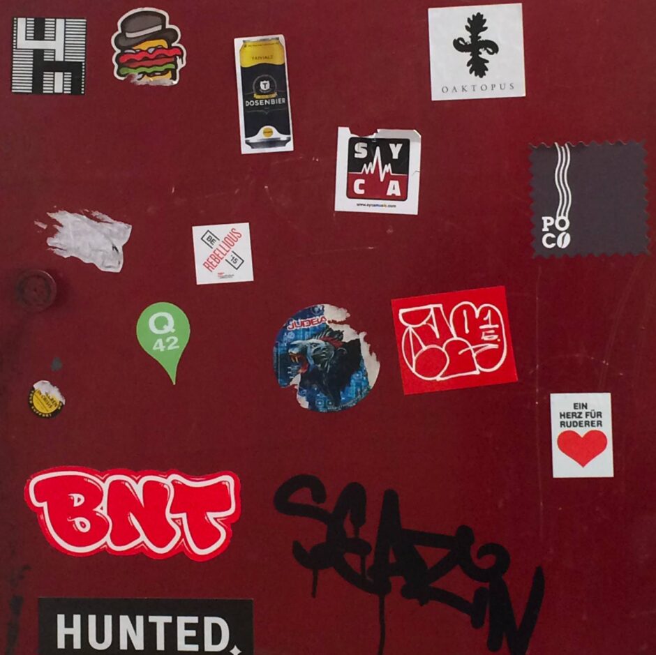 Mix of stickers on a red background