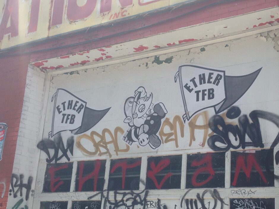 Black and white sticker on a garage door