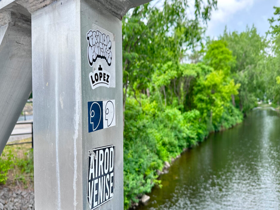 Stickers on a bridge