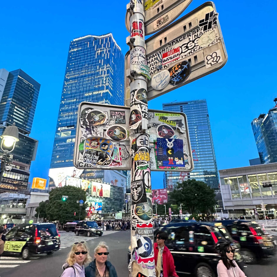Street post covered with sticker in Shibuya Tokyo