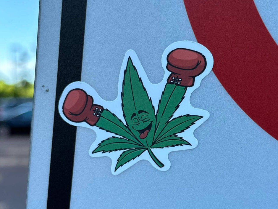 Cartoon marijuana leave with boxing gloves